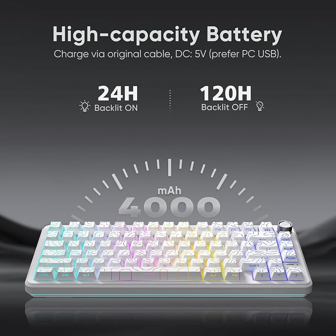RedThunder K75 Wireless Mechanical Keyboard, CNC Knob, Tri-Mode BT5.0/2.4GHz/USB-C Hot Swappable Custom, Pre-lubed Linear Coconut Switches, Gasket Structure, RGB Gaming Keyboard, White Contour Lines - Image 7