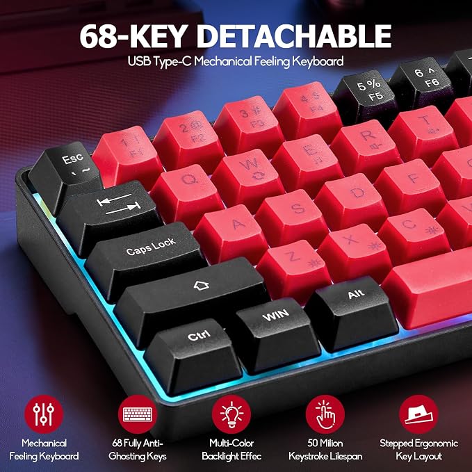 Wired Portable 60% Mechanical Feeling Gaming Keyboard,RGB LED Backlit Compact 68 Keys Mini Wired Office Keyboard for Windows Laptop PC Mac Gamer, Typist, Travel on Business Trip- Red and Black - Image 6