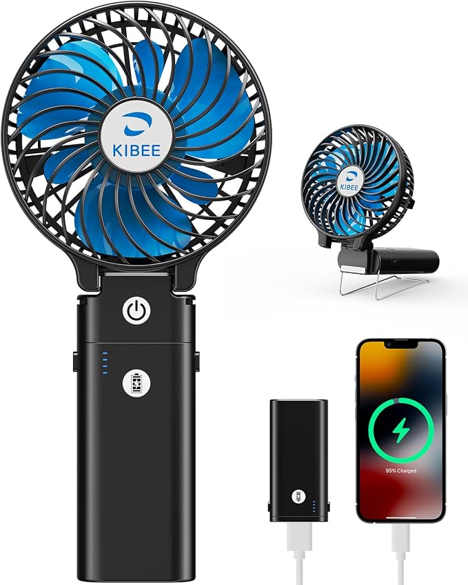 KIBEE Portable Handheld Fan, 5200mAh Rechargeable Fan with Power Bank, Up to 20H Runtime, 180° Foldable Mini Fan, 3-Speed Strong Airflow Personal Fan for Travel, Concert, Cruise, Camping by KIBEE