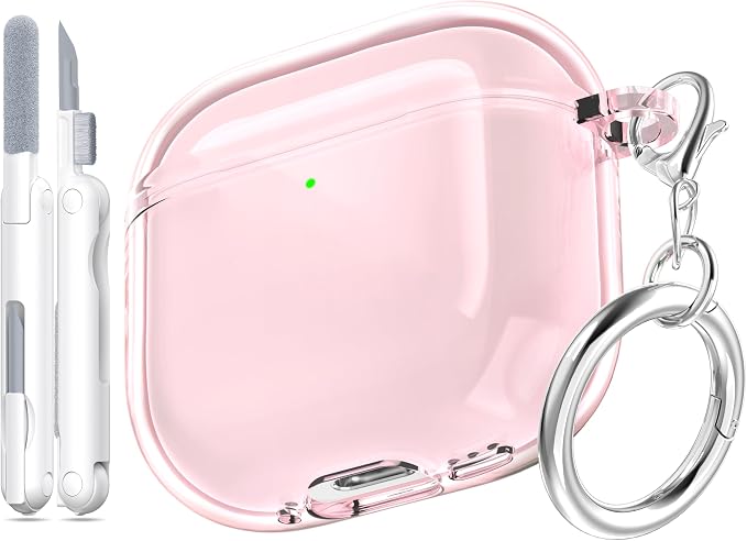for AirPods 4th Generation Case Cover 2024, Military-Grade Shockproof, Soft TPU Highly Transparent Anti-Yellowing for AirPods 4 Case with Cleaning Kit & Cute Round Buckle, Clear Pink by MHYALUDO