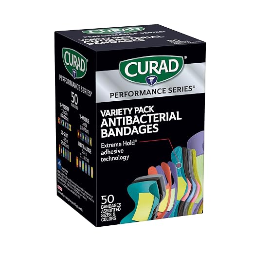 CURAD Performance Series Antibacterial Bandages, Extreme Hold Adhesive Technology, Finger & Knuckle Bandages, Flexible Fabric, Variety Pack with Assorted Sizes & Colors, 50 Count - Image 8