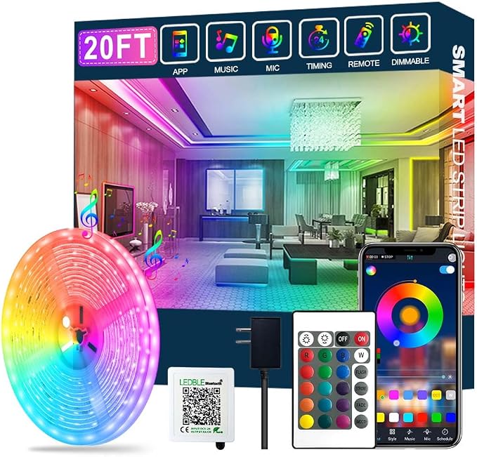 Led Strip Lights,20ft Led Light Strips Music Sync Color Changing RGB Led Strip Built-in Mic,Bluetooth App Control LED Rope Lights with Remote,5050 RGB Led Lights for Bedroom,Home,TV,Party,Christmas by AILBTON
