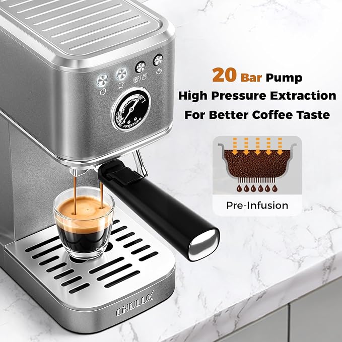 CHULUX Elite Espresso Coffee Machine with Steam Wand for Cappuccino, Gray | Hot and Iced Espresso, 1350W Fast Heating System, Visible Pressure Gauge, PID Temperature Control, Pre-Infusion Technology - Image 3
