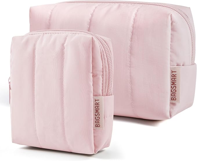BAGSMART Puffy Travel Makeup Bag Duo Large & Small for Women, Baby Pink | Puffy Padded, Travel Cosmetic Organizer with Slip-in Pockets, Large Toiletry Bag & Small Purse Pouch, Travel Essentials by BAGSMART