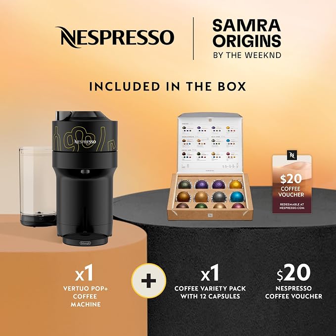 Nespresso Samra Origins Vertuo Pop+ Coffee & Espresso Maker by De'Longhi | Samra Origins by The Weeknd coffee machine in buna yellow, with one-touch, 25 fl. oz. side tank and 30 second heat-up. - Image 3