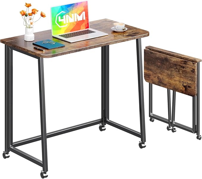 4NM 31.5" Mobile Small Folding Desk, Foldable Rolling Computer Home Office Desk, Study Writing Table for Small Space Saving Bedroom, with Wheels - Rustic Brown and Black by 4NM