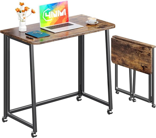 4NM 31.5" Mobile Small Folding Desk, Foldable Rolling Computer Home Office Desk, Study Writing Table for Small Space Saving Bedroom, with Wheels - Rustic Brown and Black by 4NM
