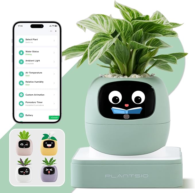Upgraded AI Smart Flower Pot Multi-Emotion Interactive Digital Display Self Watering Planter, Monitor Soil Moisture/Water Level/Light/Battery, Supports 50+ Plants Decor for Desk Home Pet Office(Green) by PlantsIO