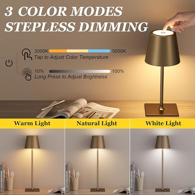 Kakanuo Brown Cordless Rechargeable Table Lamp 5000mAh Battery Operated Lamps, 3 Colors Stepless Dimming Touch Lamp for Living Room, Kitchen Counter, Dining, Outdoor Patio, 2 Pack - Image 2