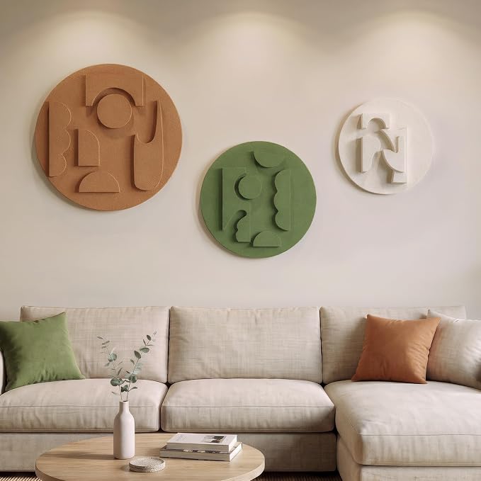 3D Textured Round Abstract Wall Art Set, 3-Piece Modern Minimalist Boho Geometric Sculptures Artwork for Walls, White Terracotta Green Paintings Wall Decor for Living Room Bedroom Dining Room Office by Cuspin