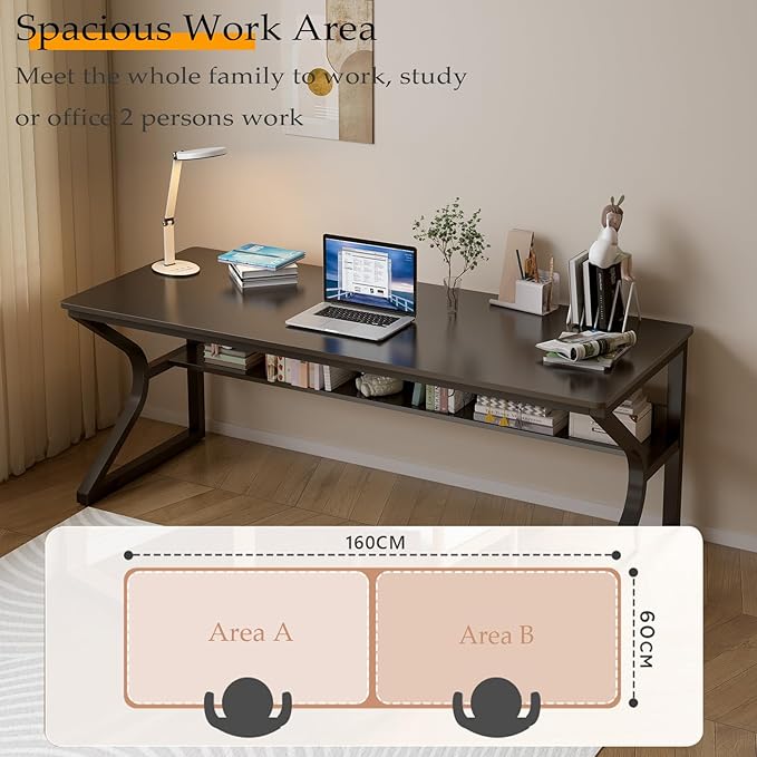 OSCHF 63-Inch Extra Long Desk with Storage Shelf, Black | Double Long Writing Table, Space-saving, 2-Person Workstation, Modern Study Work Computer Desk, For Home Office - Image 3