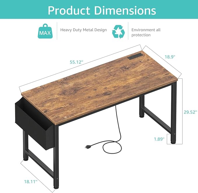 Lufeiya Gaming Desk with Power Outlet, 55 inch Teen Study Table Home Office Work Writing Computer Desks with Charging Station Outlets Built in, Brown - Image 3