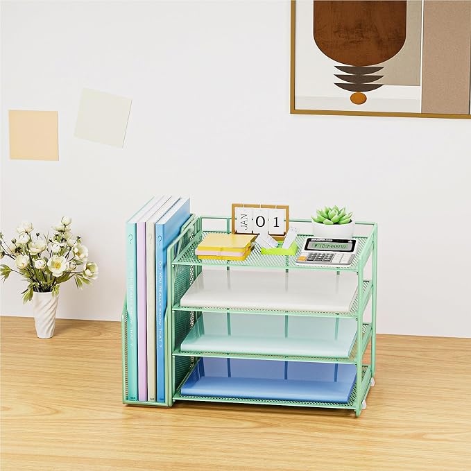 Marbrasse 4-Tier Paper Tray Organizer with File Holder, Green | Sturdy Paper Tray, Built-in File Holder, fits Letters/Docs, Saves Desk Space, for School/Office/Home - Image 7