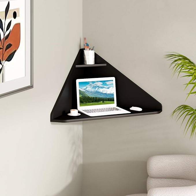 Giantex Corner Floating Desk, Wall Mounted Computer Desk with Storage Shelf, Space-Saving Writing Desk, Triangle Laptop Desk for Living Room, Study, Bedroom, Home Office & Small Spaces (Black) - Image 2