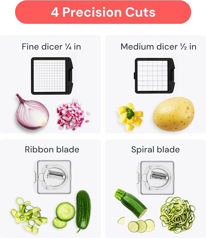 Fullstar Pro Original Vegetable Chopper & Spiralizer, Kitchen Prep Tool | 4 in 1 Veggie Slicer, Onion & Fruit Cutter with Sharp Stainless Steel Blades & Container, All-in-One Food Prep Tool (Clear) - Image 4