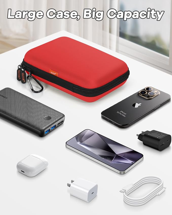 Pure-Red Shockproof Hard Shell Carrying Case for Portable External Hard Drive, Power Bank, Charger, Seagate Game Drive, Cell Phone, Electronic, Women Accessories - Large Storage Pouch Travel Bag - Image 4