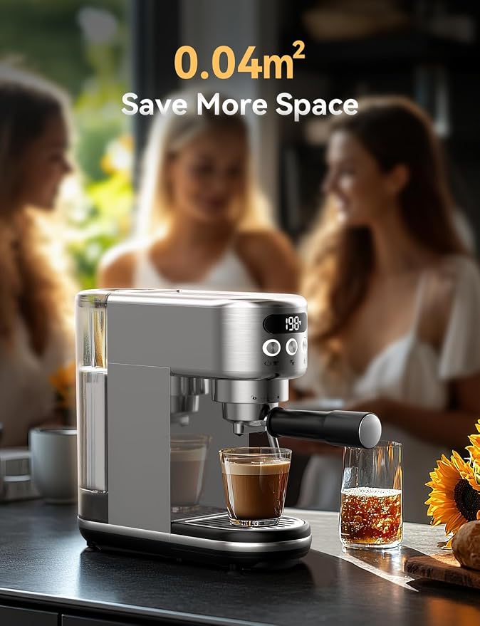 Neretva Espresso Machine 20 Bar, Super Compact Espresso Maker Stainless Steel Professional Coffee Machine Espresso with Power Steam & LED Display for Home Barista Latte and Cappuccino Maker-Silver - Image 6