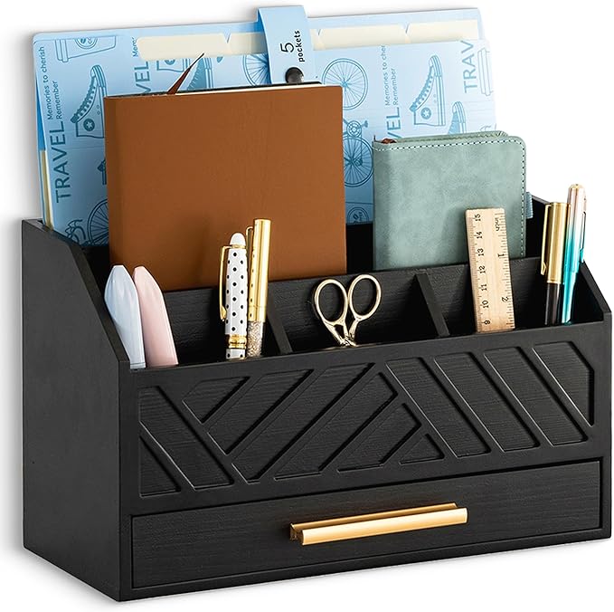 dreampossible Black Wood Desk Organizer and Accessories with Drawer, Bill Mail Organizer and File Mail Holder for Office Supplies, Modern Desk Accessories & Workspace Organizers for Desk Organization by dreampossible