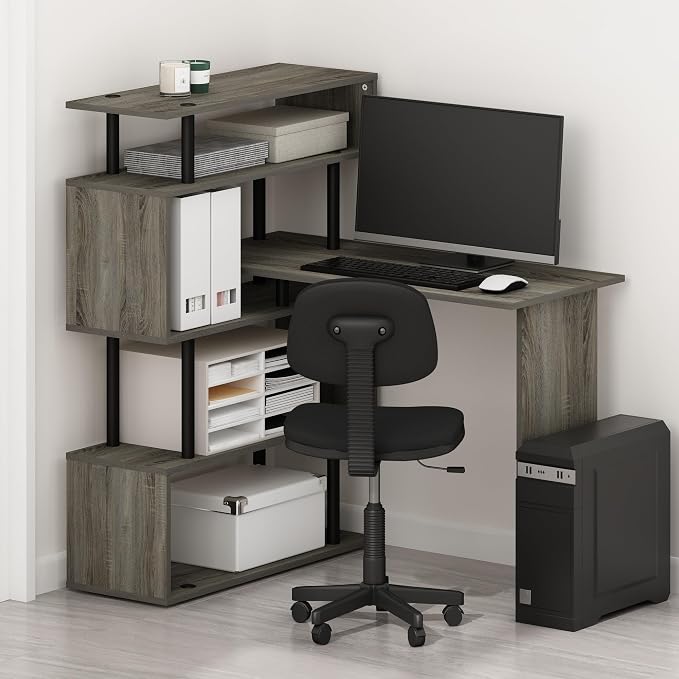 Furinno Classic L Shape Computer Desk, Gaming Desk, Office Desk with 5-Tier Shelves, 40" Wide, for Home Office, Study, Gaming, Grey Oak - Image 2