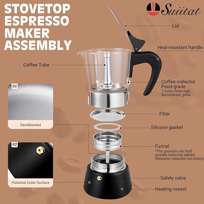 6 Cup 300ml Glass Moka Pot, Stovetop Espresso Maker, Black | Crystal Glass-top & Stainless Steel Coffee Maker, Induction Compatible, for Greca de Cafe, Cuban and Italian Coffee Brewing - Image 2