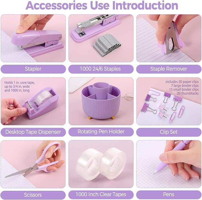SKYDUE Purple Office Supplies Set, Purple Office Desk Accessories 10PCS, Pencil Holder for Desk, Stapler, Tape Dispenser, Scissors, Ruler, Binder/Paper Clips and 1000pcs Staples,Desk Supplies Set - Image 3