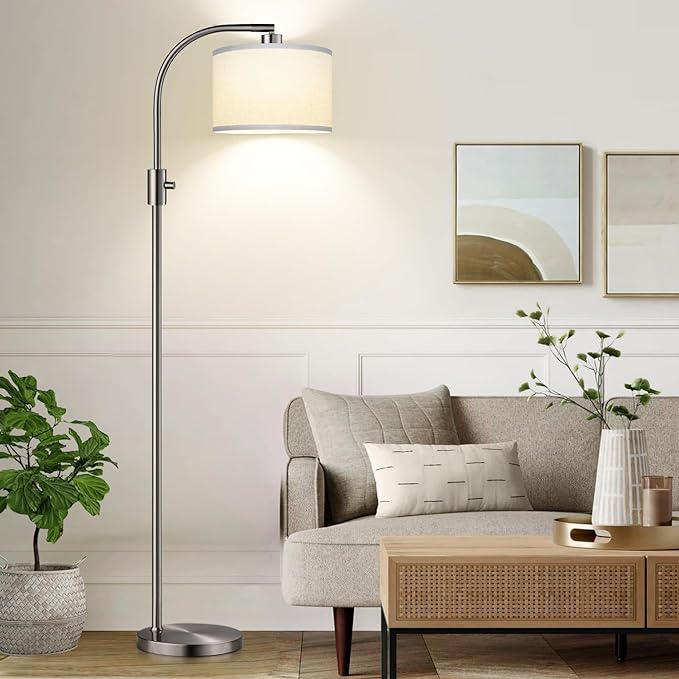 Nintiue Upgraded Modern Arc Dimmable Tall Standing Floor Lamp with Linen Shade, 1200 Lumens LED Bulb Included, for Living & Reading Room, Bedroom, Office & Nursery, Brushed Nickel by Nintiue