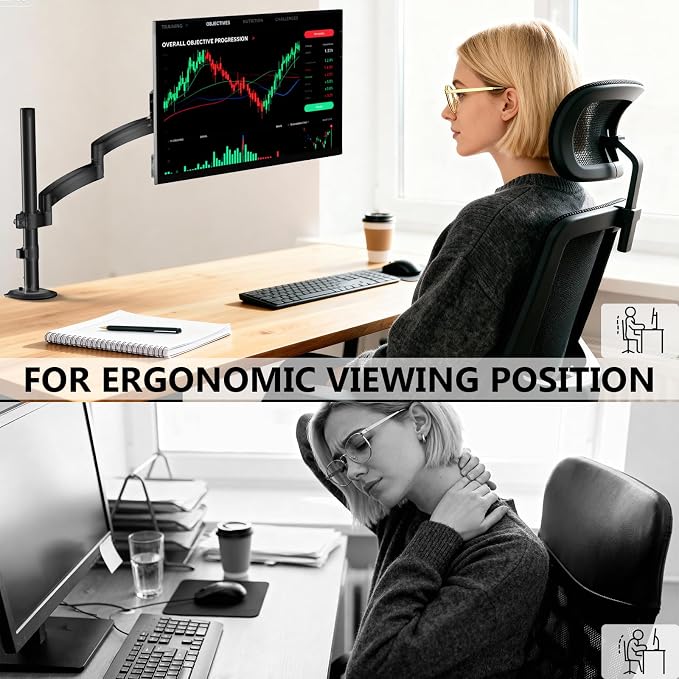 WALI Single Long Monitor Arm - Computer Monitor Arm Desk Mount for 13-32 inch, Hold up to 19.8lbs, Extra Long Adjustable Stand, Full Motion Tall Arm, VESA 75/100mm, (GSDM001L) - Image 6