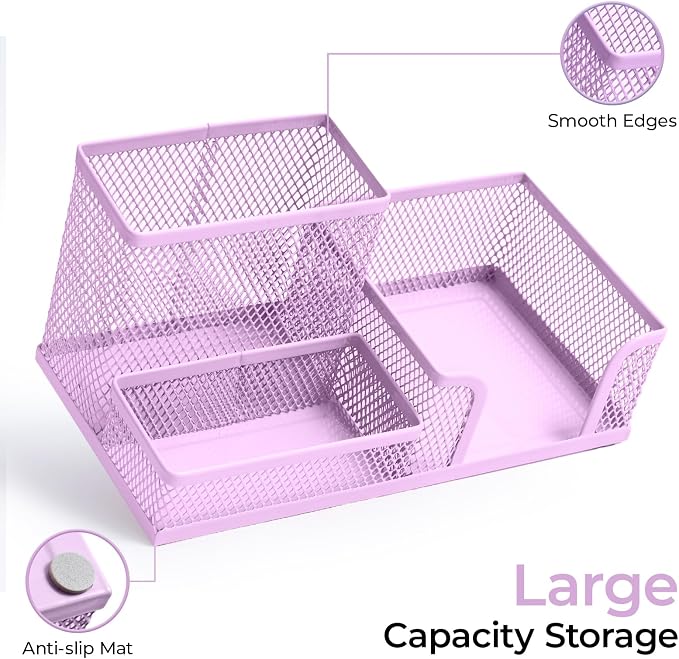 M&G Mesh Pen Holder Desk Organizers Pencil Holder for Desk Purple, 3 Compartments Metal Office Supply Organizer with Sticky Notes Holder for Home Office - Image 3