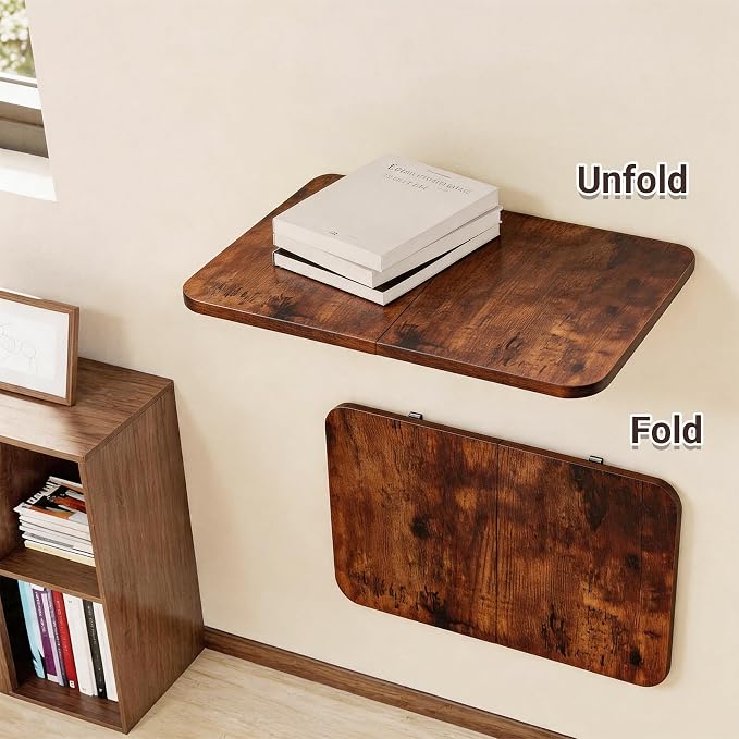 Neoaider Wall Mounted Folding Desk 23.6” x 15.7”, Brown | Drop Down Table with Metal Collapsible Brackets, Folding Wall Table for Small Spaces, Home, Office, Kitchen, Laundry Room - Image 6