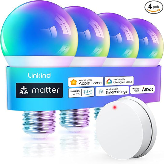 Linkind Matter Smart Light Bulb, WiFi Smart Bulbs with Remote, Smart Bulb Work with Apple Home, Alexa, Google Home, SmartThings, RGBTW Color Changing Bulbs Music Sync, 2.4Ghz A19 E26 60W 800LM 4 Pack by Linkind