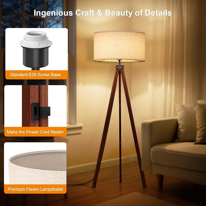 LEPOWER Tripod Floor Lamp Mid Century Modern Standing Lamps for Living Room | Light-Diffusing Linen Shade, Premium Rubberwood Tripod with E26 Base, Adding Warmth to Bedroom, Office & Study Corner Brown - Image 3