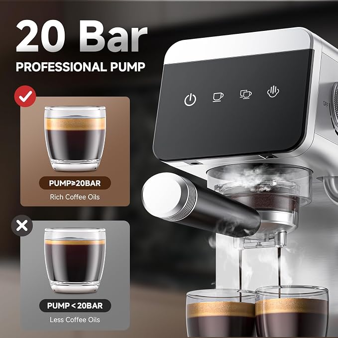 AMZCHEF Espresso Machine 20 Bar, Compact Coffee Maker with LED Touch Screen & Steam Milk Frother, Espresso Maker with 41oz Removable Water Tank for Home & Office, Coffee Machine for Cappuccino, Latte - Image 3