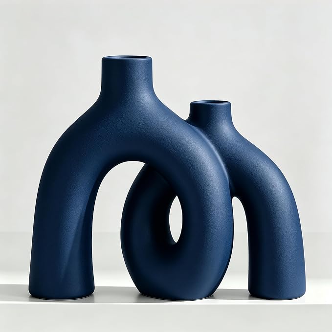 Hug Donut Decorative Vase Set - Navy Blue Vase, Modern Coastal Style Vases Home Decor, Matte Ceramic Decorations for Living Room Shelf, Bookshelf Mantle Entryway Table or Console Décor (Navy Blue) | Decorative Sculptural & Flower Vase for Living Room, ... by Jonronboci