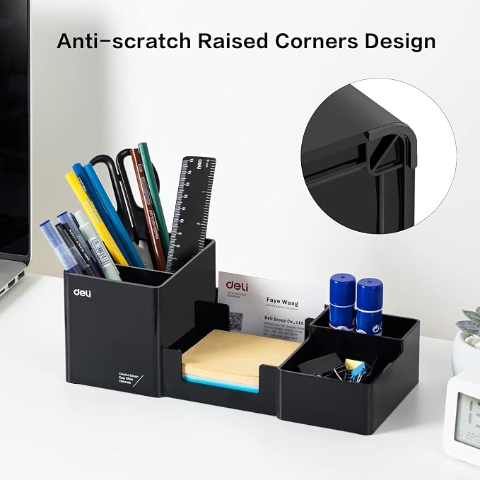 deli Desk Organizer, Plastic Desktop Organizer with Pencil Holder and Sticky Note Tray, Office Stationery Supplies Organizers Accessories Caddy, 6 Compartments, Black - Image 4