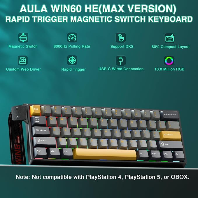 AULA WIN60 HE MAX - 60% Mechanical Gaming Keyboard Wired, Hall Effect Magnetic Switches Hot Swappable, Adjustable Actuation Rapid Trigger Mode, 8000 Hz Polling Rate, 60 Percent Keyboard Compact Design - Image 2