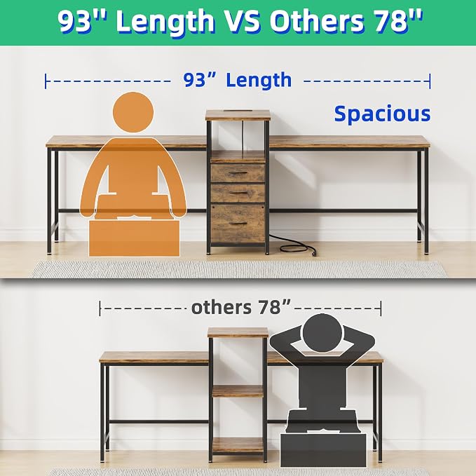 GYIIYUO 93'' Two Person Desk with Charging Station, Long Desk with 3 Drawer | Double Computer Desk with Printer Shelf, 2 Person Writing Study Table Workstation for Home Office, Rustic Brown - Image 3