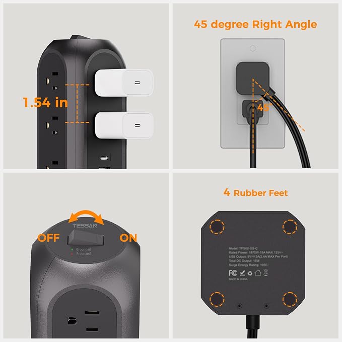 TESSAN Tower Power Strip Flat Plug with 1050J Protection, 10 Ft, Black | 11 Outlets 3 USB (1 USB C), Surge Protector Power Tower, Extension Cord with Multiple Outlets, Dorm, Office Desk Supplies - Image 8