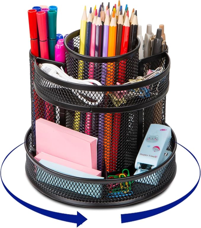 Comix Mesh 360° Rotating Pen Holder, Desk Organizer for Home Office, Black | 5 Compartment Pencil Holder, Sticky Notes Holder, Pen Organizer Office Supplies by Comix