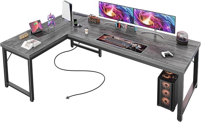 Huuger 63 Inch L Shaped Desk with Power Outlets and USB-C Port, Reversible Computer Desk, Larger Office Corner Gaming Desk, 0.95 Inch Thicker Desktop, Metal Frame, for Home Office, Study, Grey by Huuger