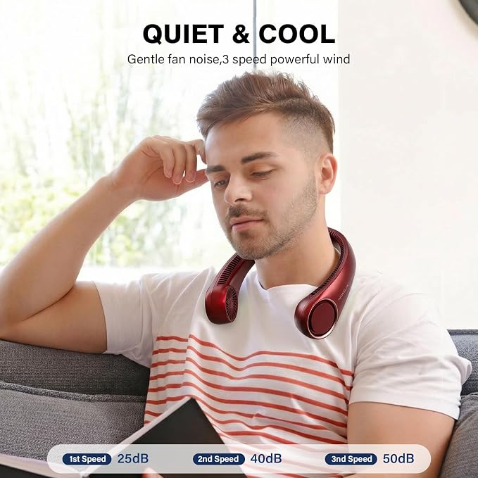 Morelax Neck Fan, USB Rechargeable Personal Fan,Hand Free Bladeless Portable Fans,4000 mAh, 3 Speeds,72 Air Faster softer 360° Cooling, Gift Suitable for Home, Office, Travel, Sports Red - Image 6