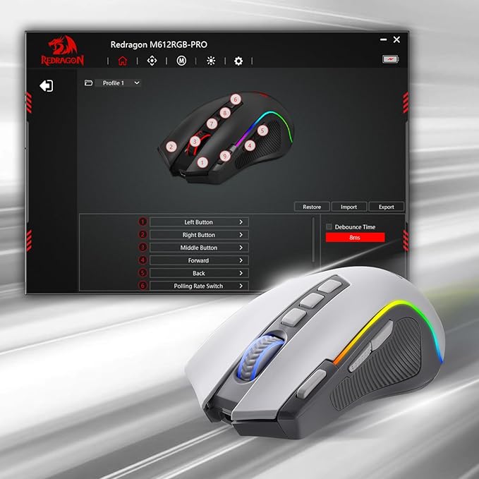 Redragon M612 Wireless RGB Optical Gaming Mouse 8000 DPI Remapping Keys | Cable-Free 0 Delay, Redefine Keybinding Macro, Vibing Backlight, Ergonomic Grip Body Comfort - Image 7
