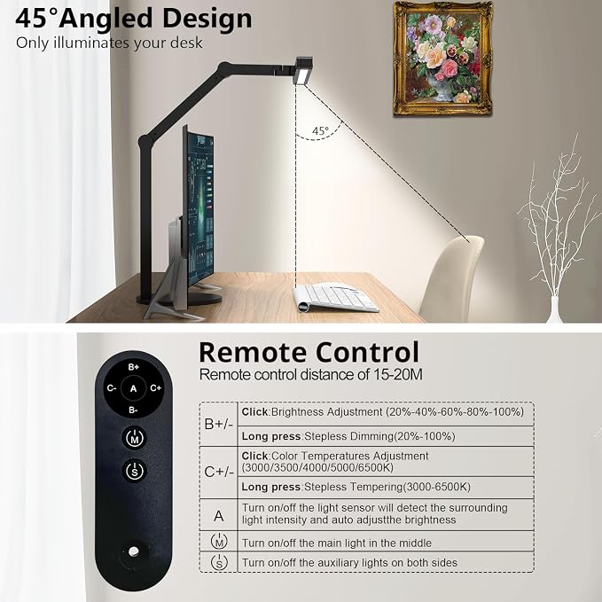 Micomlan Architect Desk Lamp with Remote Control, Adjustable Led Desk Light for Home Office with Base, 24W Bright Auto Dimming Table Light Rotatable Office Lamp with Swing Arm for Computer Cafting - Image 4