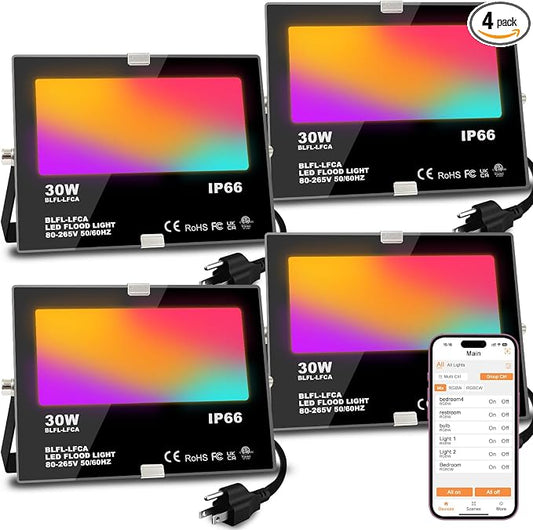 LED Flood Light Outdoor 30W, 300W Equivalent 3000LM Smart RGB Landscape Lighting with APP Control, DIY Scenes -Timing - Warm White 2700K -Color Changing Uplight, IP66, US Plug, No Remote MELPO(4 Pack) by MELPO