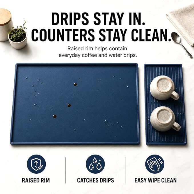 Silicone Coffee Mat 24 x 16 in with Tray, Deep Sea Blue | Coffee bar mat for countertop use, coffee station mat or coffee machine mat with removable tray and 0.47 in raised rim. - Image 6