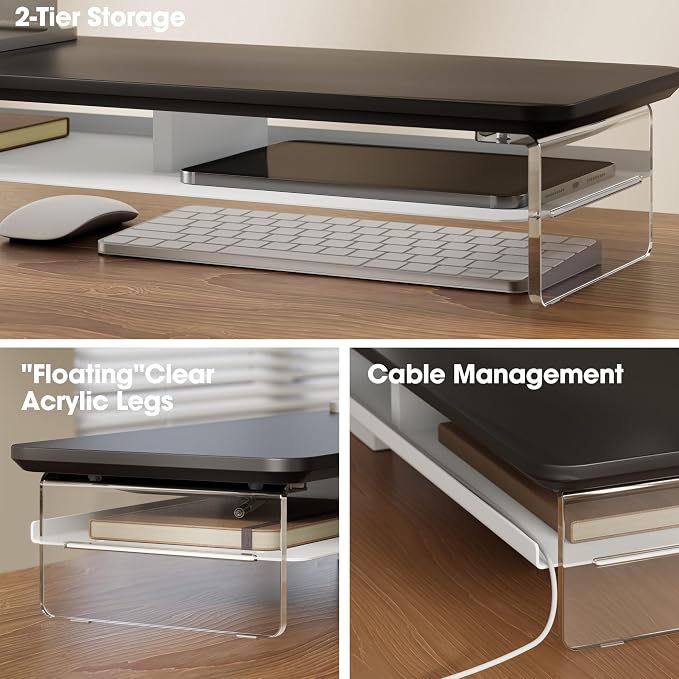 Fenge 42.5" Dual Monitor Stand with Clear Acrylic Legs, Black | Clear acrylic, storage compartment, 2-tier home office monitor riser, wide large desktop shelf fit monitor/laptop/printer - Image 3