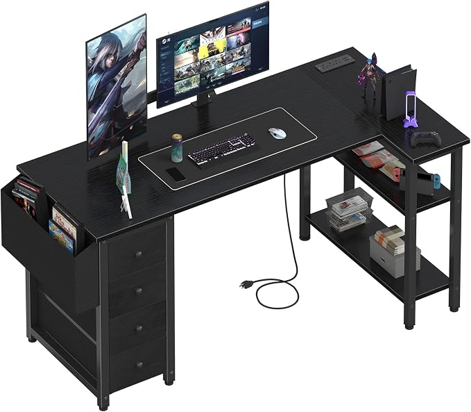 Lufeiya L Shaped Gaming Desk with Drawers & Storage Shelves, 55 Inch Corner Computer Desk with Power Outlet for Home Office Bedroom, L-Shaped Teen PC Desks with Fabric Drawer, Black by LUFEIYA