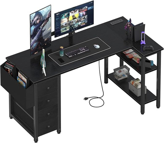 Lufeiya L Shaped Gaming Desk with Drawers & Storage Shelves, 55 Inch Corner Computer Desk with Power Outlet for Home Office Bedroom, L-Shaped Teen PC Desks with Fabric Drawer, Black by LUFEIYA
