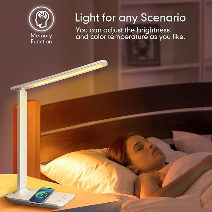 White crown LED Desk Lamp with 15W Wireless Charger & USB Port, Dimmable Table Lamp with 5 Lighting Modes, Sensitive Touch Control, Foldable & Portable Desk Light for Home, Office, Bedroom, Reading - Image 4
