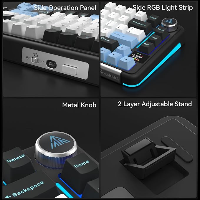 SOLAKAKA A75 PRO Black Gaming Keyboard 75% Wireless Mechanical with Screen and Knob, RGB Backlit Hot Swappable Gasket Pre-lubed PBT Keycaps for PC/Mac/Win - Image 8