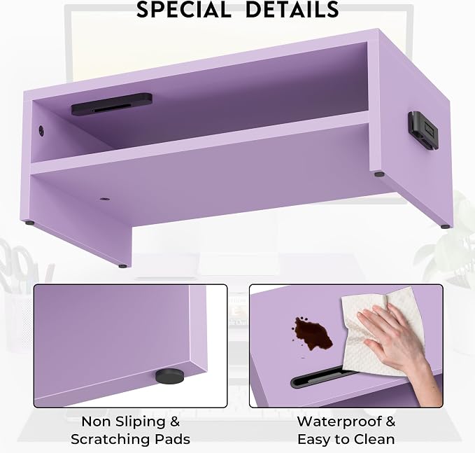 BONTEC Wooden Monitor Stand Riser, 2-Tier Desk Shelf with Storage Organizer, Ergonomic Computer Stand with Cable Management, Cellphone Holder, Purple, 16.5 Inch - Image 5